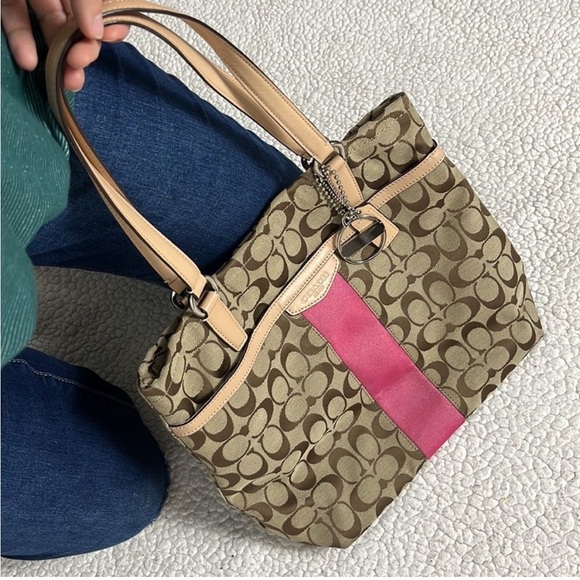 Coach Pink Tan Signature Stripe Logo Medium Tote Shoulder Bag